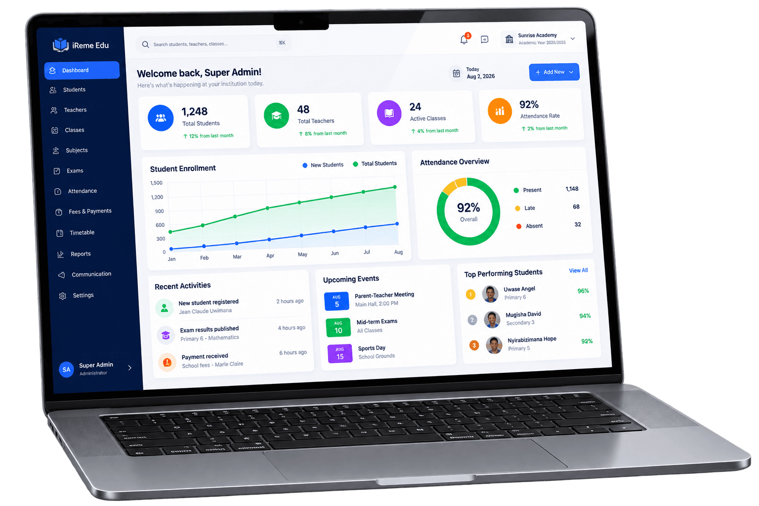 iReme Edu dashboard displayed on a premium laptop